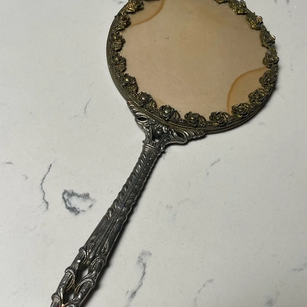 Antique French Gild Beveled Hand Mirror Filigree Floral Scroll 14”